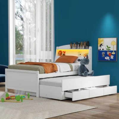Simplie Fun Twin Size Platform Bed With Storage LED Headboard, Twin Size Trundle And 3 Drawers