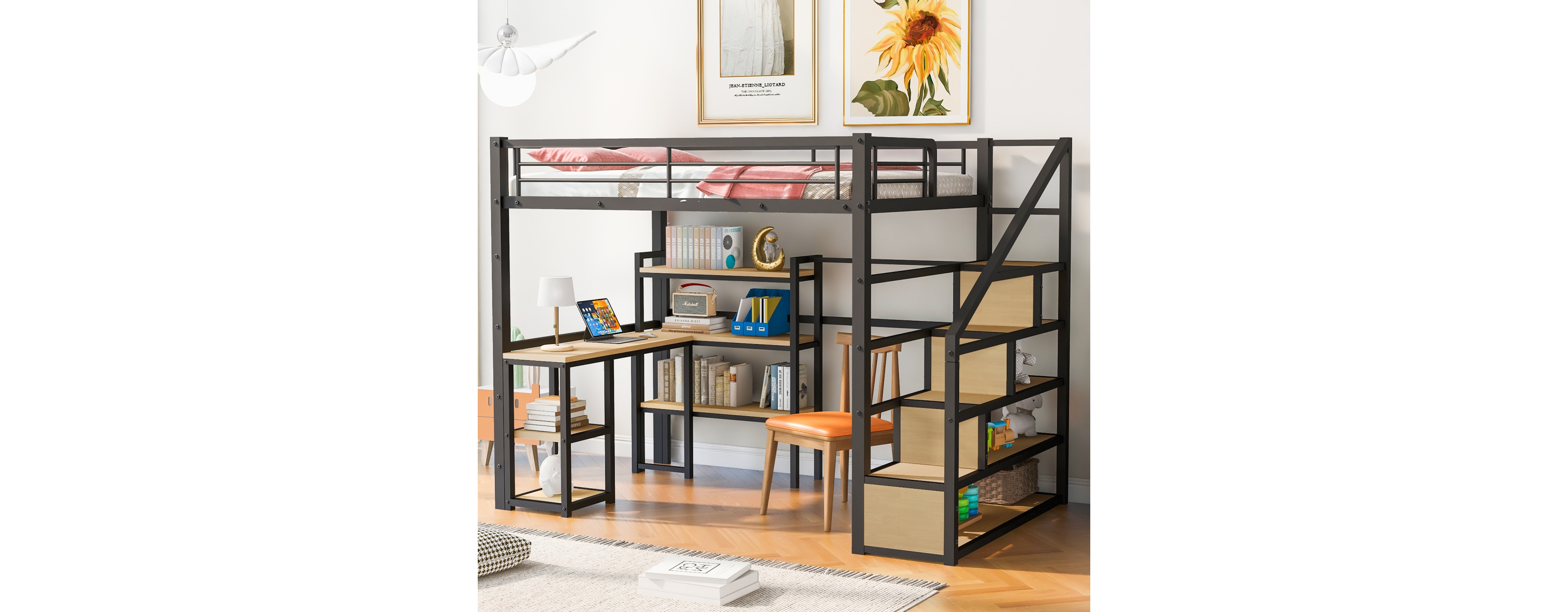 Full Size Metal Loft Bed With Staircase, Built-In Desk And Shelves