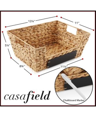 (Set of 2) Water Hyacinth Pantry Baskets with Handles and Chalkboard Labels - Espresso, Wide Woven Storage Baskets for Kitchen Shelves