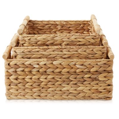 (Set of 3) Water Hyacinth Rectangular Storage Baskets with Wooden Handles - Small, Medium, Large Woven Nesting Baskets