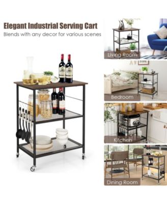 3-Tier Kitchen Serving Cart Utility Standing Microwave Rack with Hooks