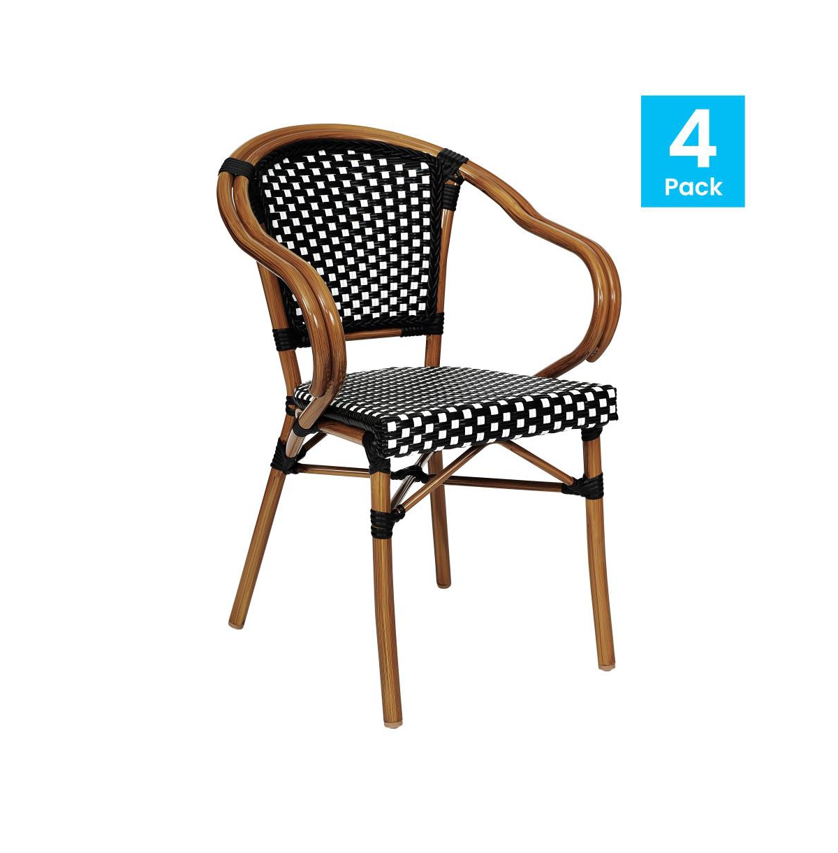 Merrick Lane Sacha Set Of Four Stacking Thonet Bistro Style Chair With Arms, Pe Rattan Seat, And Bamboo Metal Frame For Indoor/Outdoor Use