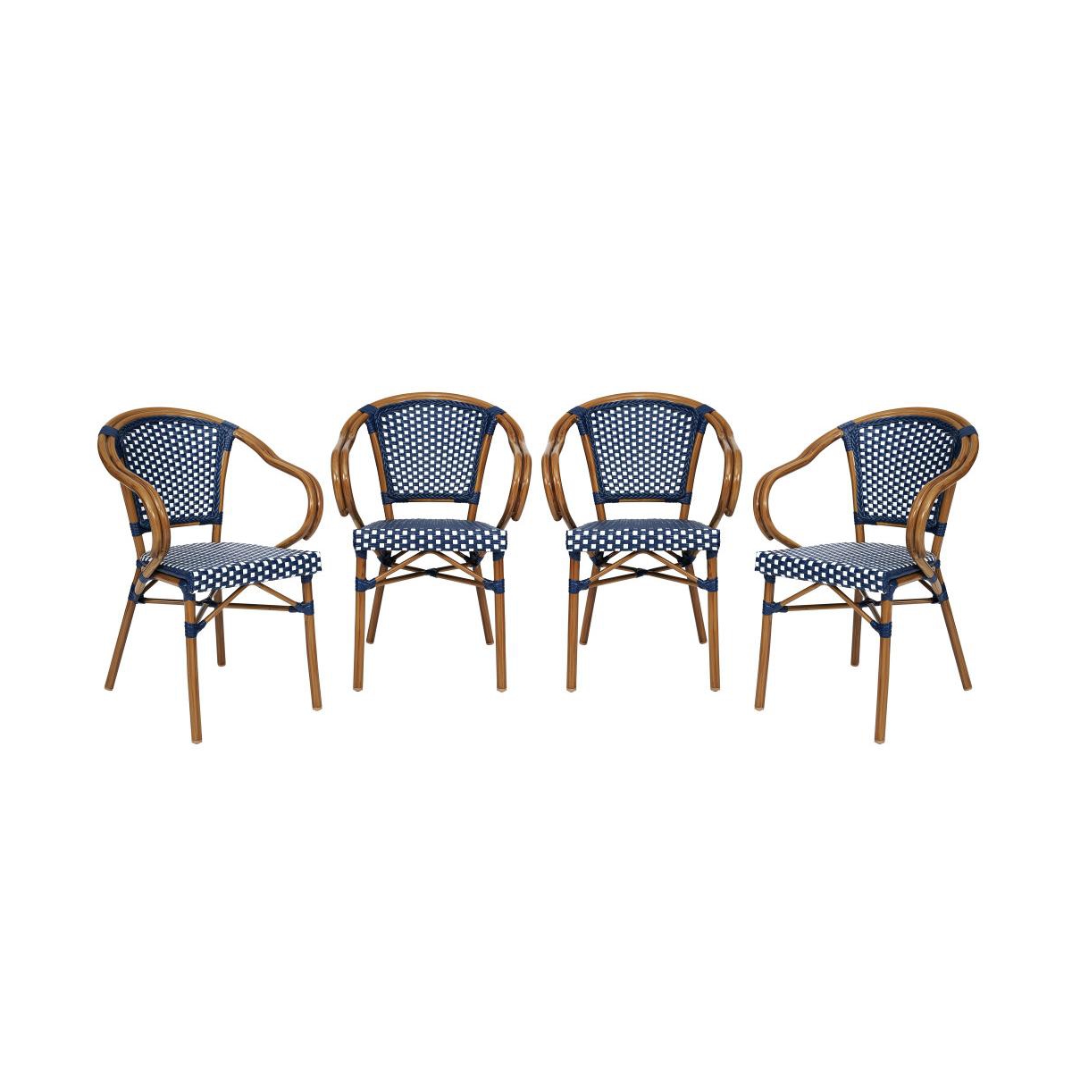 Merrick Lane Sacha Set Of Four Stacking Thonet Bistro Style Chair With Arms, Pe Rattan Seat, And Bamboo Metal Frame For Indoor/Outdoor Use - Navy  whi