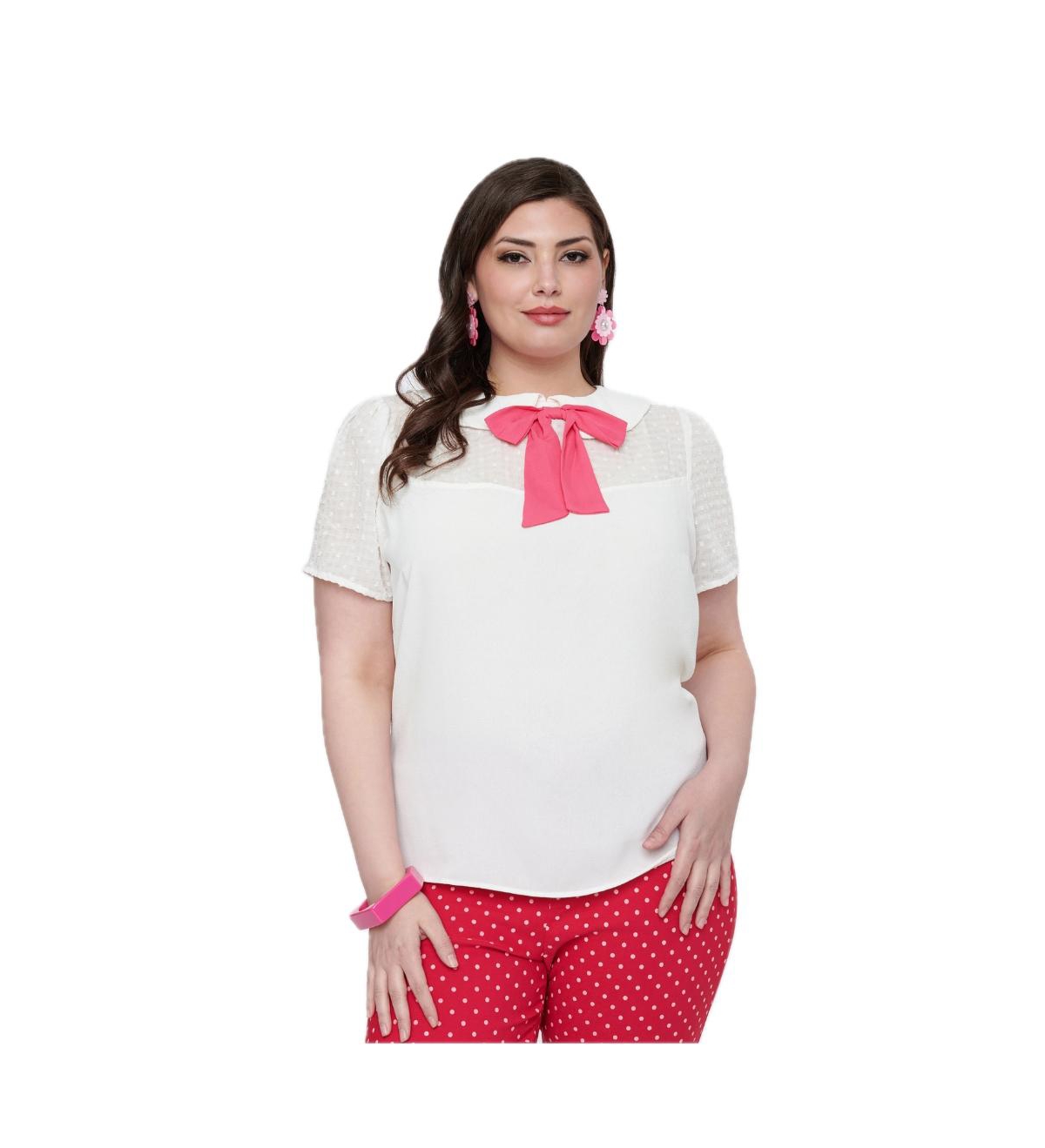 Plus Size Short Puff Sleeve Contrast Peter Pan Collared Bow Blouse - White/pink bow