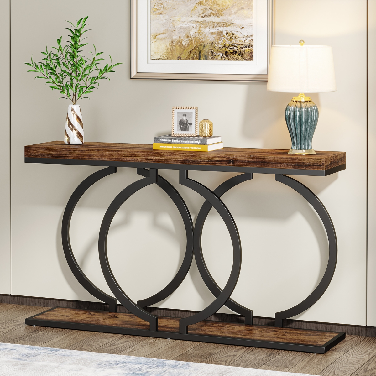 Tribesigns Industrial Console Table, inch Wood Entryway Table Narrow Long Sofa Table, Rustic Accent Table for Living Room, Entrance Table Geometric