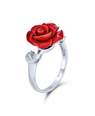 CZ Accent Flower Fashion Red carved Rose Statement Ring Sterling Silver