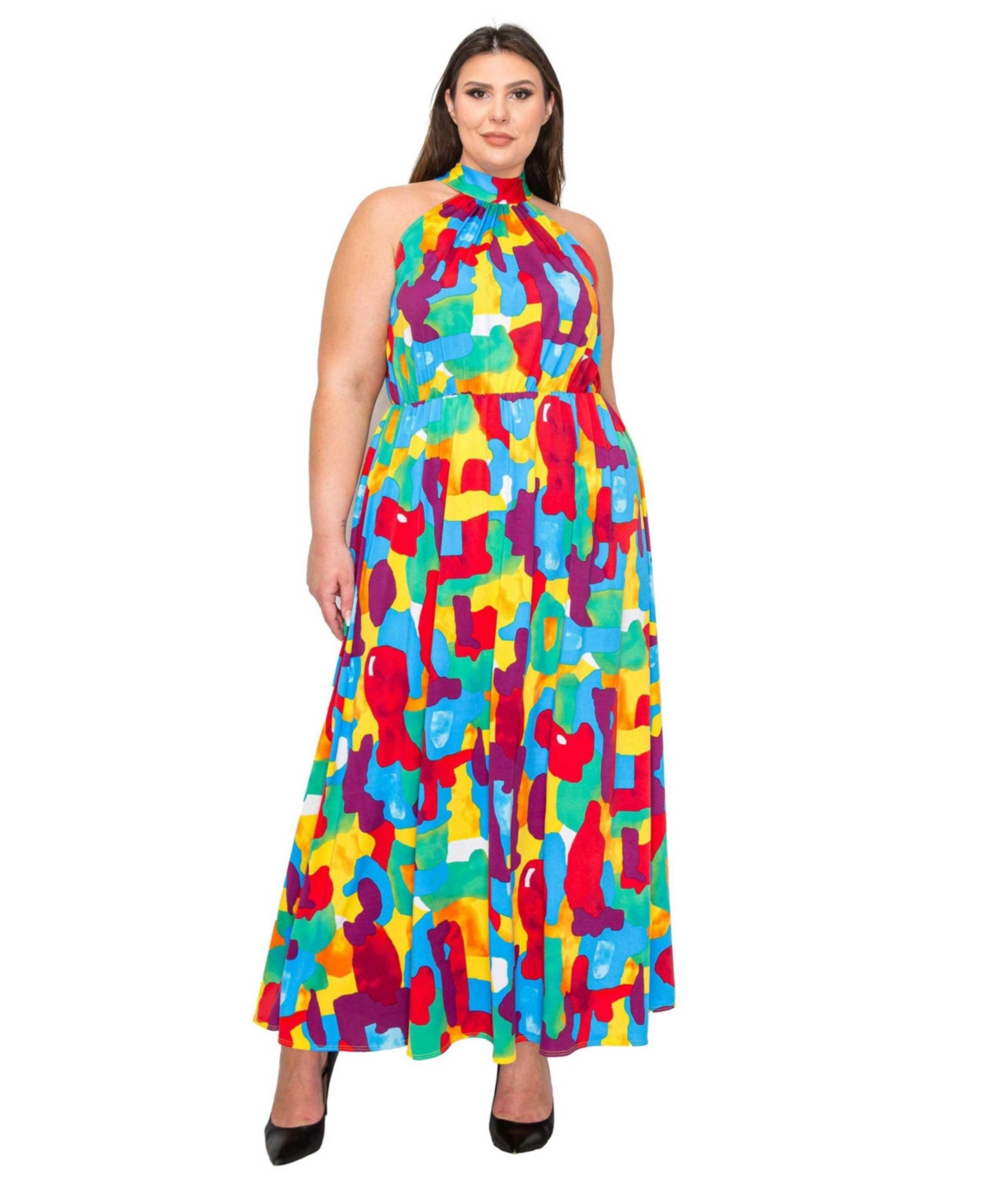 Plus Size Arroyo Halter Neck Maxi Dress in Abstract Print - Yellow turquoise red