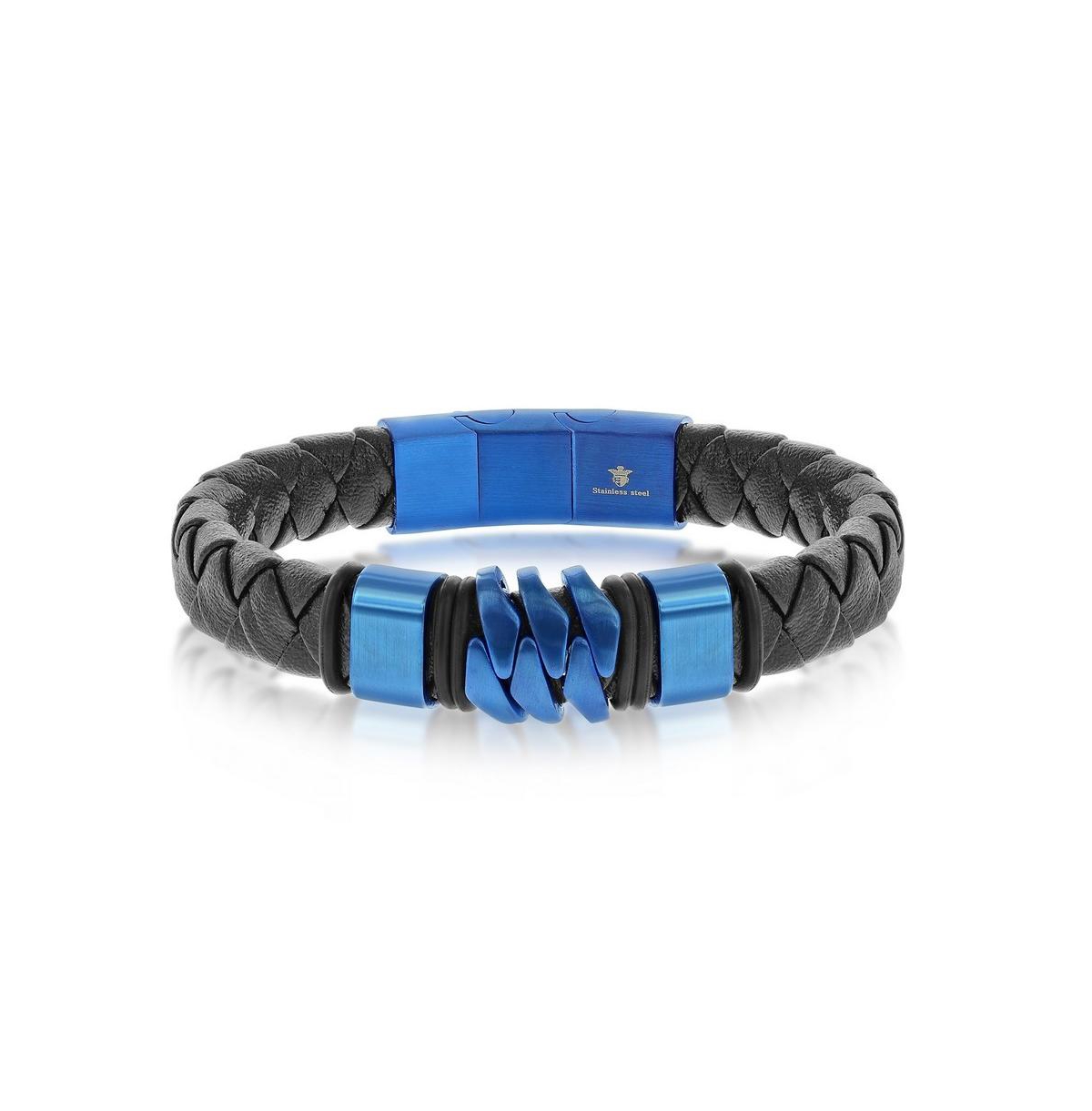Stainless Steel Genuine Black Leather Bracelet - Blue
