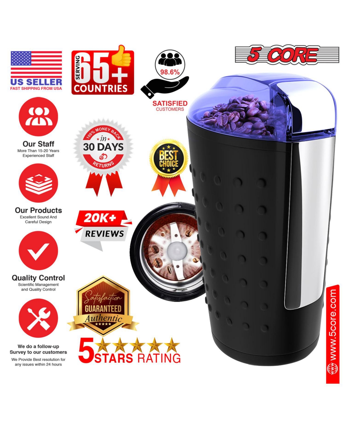 5 Core Core Coffee Grinder Capacity 150W Motor One-Touch Automatic Electric Bean Spice Grinding Cg 01 Bl