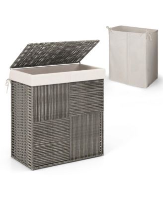 Hand-woven Rattan Laundry Hamper with Lid Removable Liner Bag 29-Gallon 2-Section