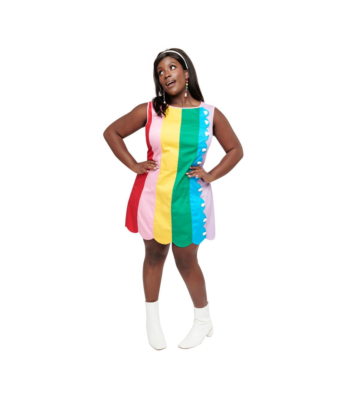 Plus Size 1960s Scallop Mini Shift Dress - Rainbow stripe