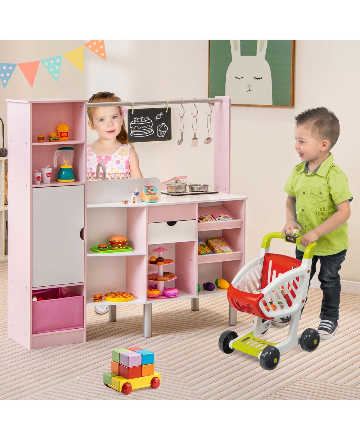 Costway 2-in-1 Kids Kitchen & Market with Realistic Light & Sound 82 Accessories Included