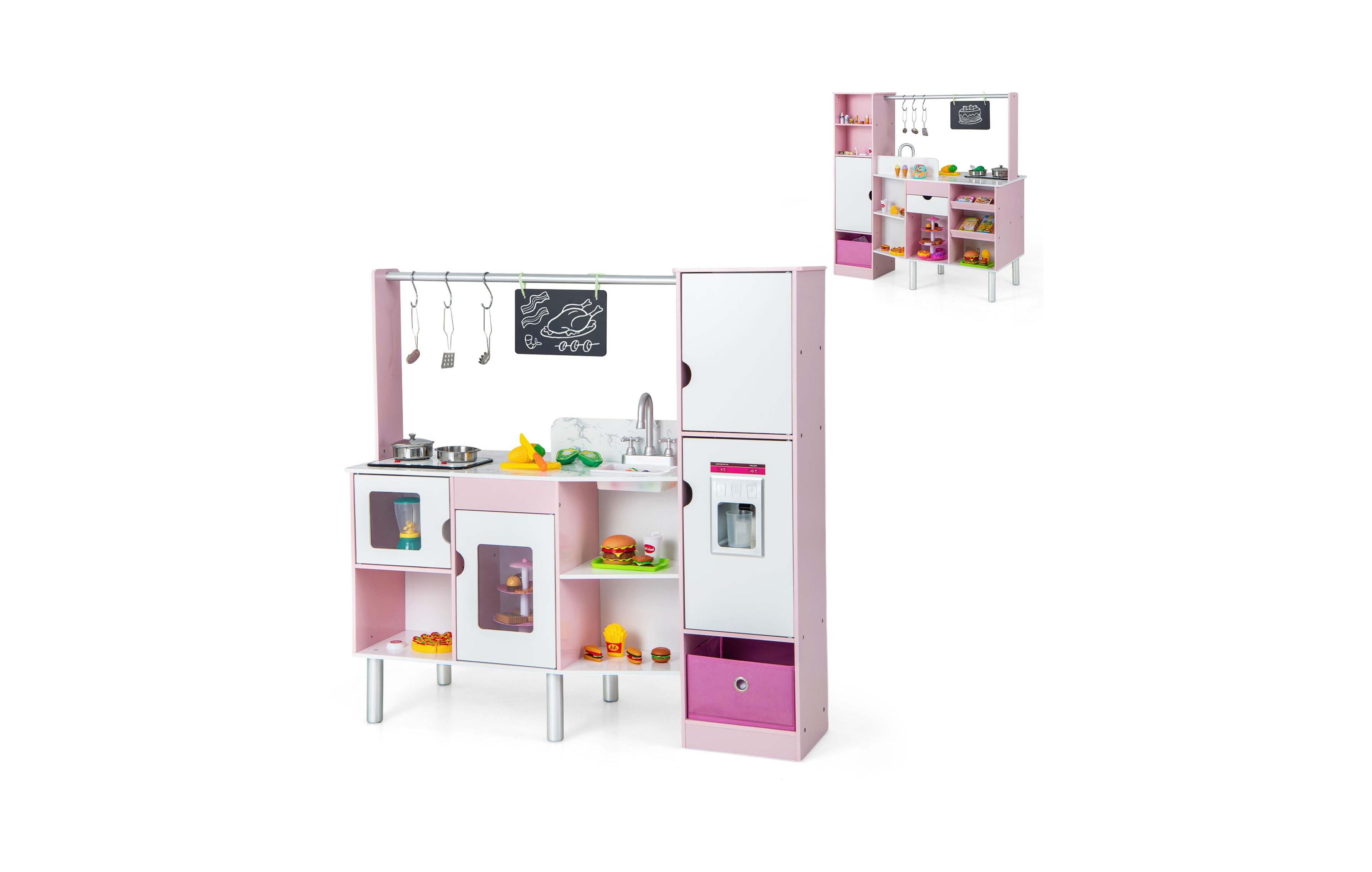 Costway 2-in-1 Kids Kitchen & Market with Realistic Light & Sound 82 Accessories Included