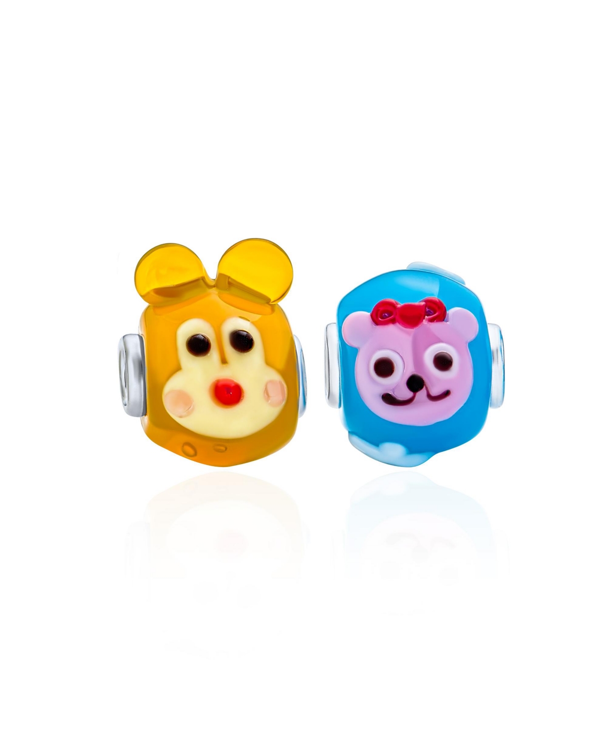 Set of 2 Colorful 3D Cartoon Mother Daughter Teddy Bear Glass Charms Bead Lamp Work Fits European Charm Bracelet Murano Glass Sterling S