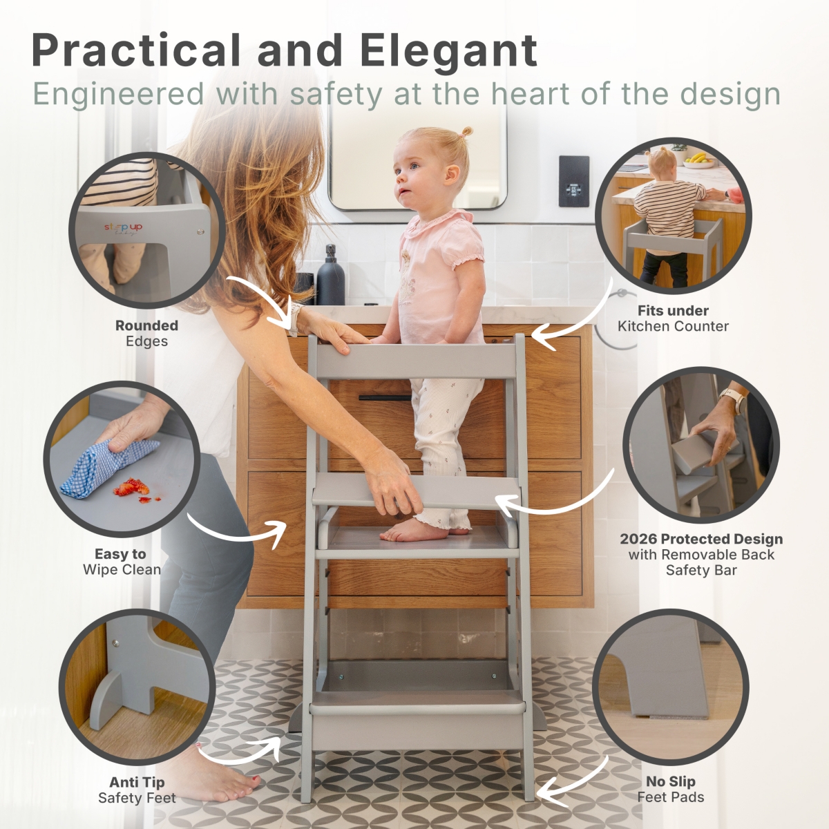 Stepup Baby Toddler Tower with Adjustable Step, White Montessori-Inspired Step Stool, Standing for Kids, Fits Under Kitchen Counters, Ad