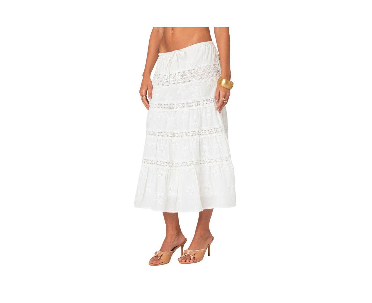 Women's Tiered Cotton Lace Midi Skirt