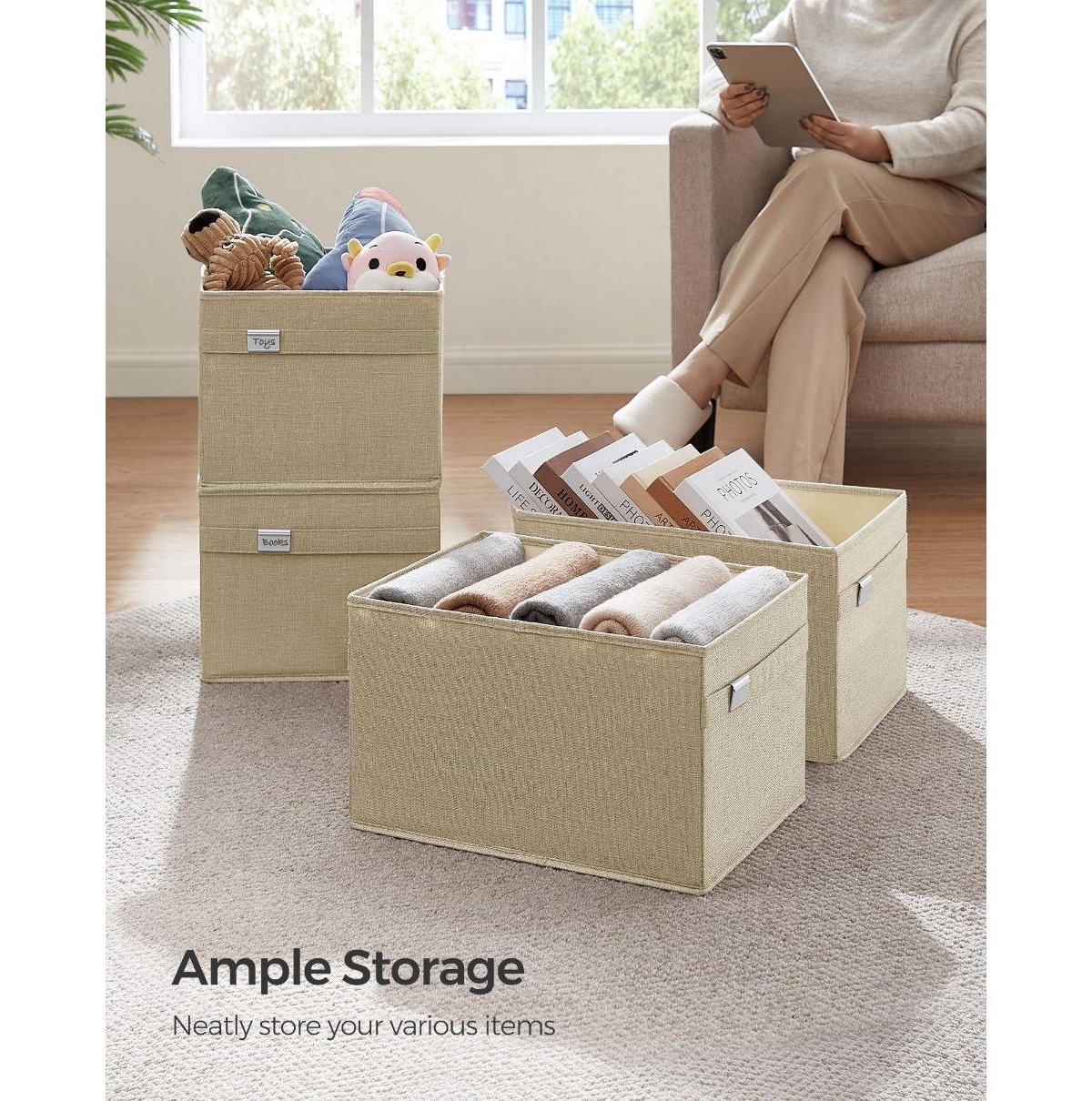 Slickblue Storage Baskets, Storage Bins, Handles, Oxford Fabric and Linen-Look Fabric, Washable, Foldable, Metal Label Holders