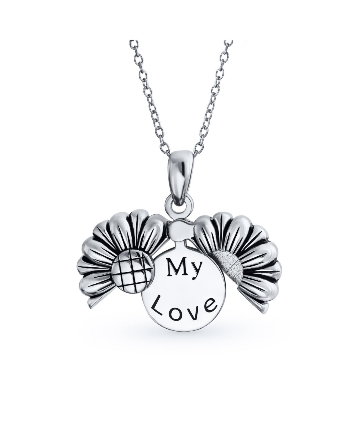 Floral Flower Inspirational Saying My Love Words Sunflower Open Locket Pendant Necklace For Women Teen Girlfriend Rhodium Plated .925 St