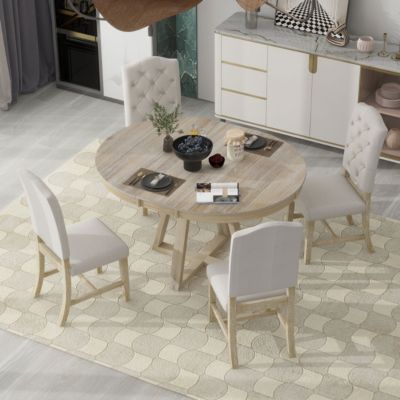 5 Pc. Solid Wood Upholstered Retro Round Table Dining Room Set