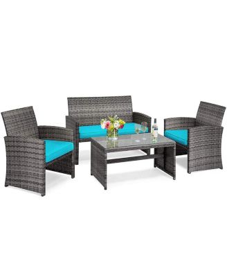 4 Pieces Patio Rattan Furniture Set with Glass Table and Loveseat