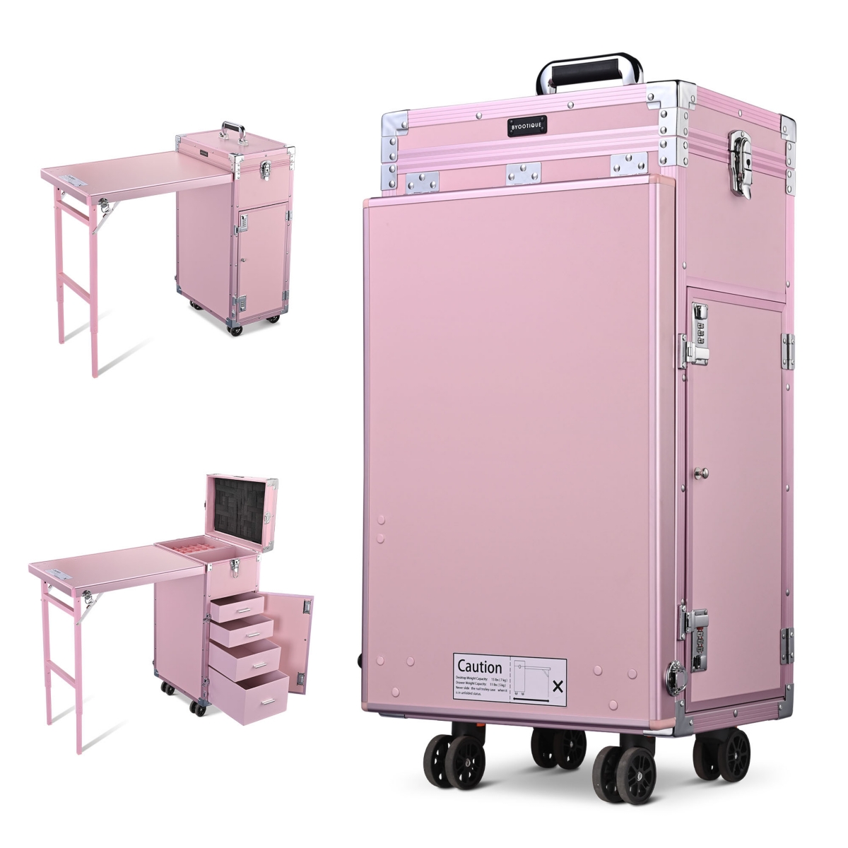Byootique Aluminum Rolling Makeup Train Case with Table Salon Nail Trolley Cosmetic Organizer Black
