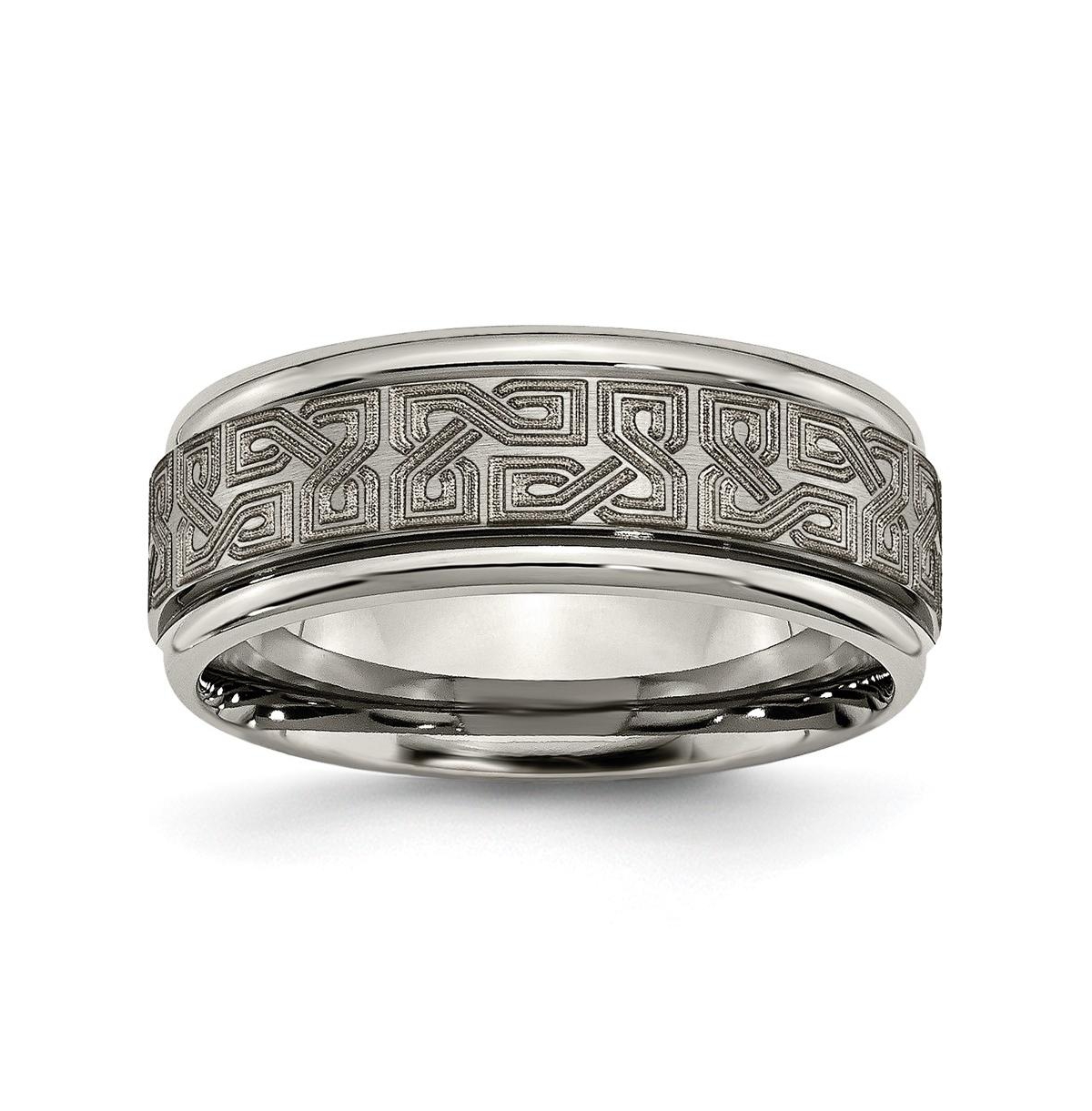 Titanium Brushed Laser Design Ridged Edge Wedding Band Ring - Grey