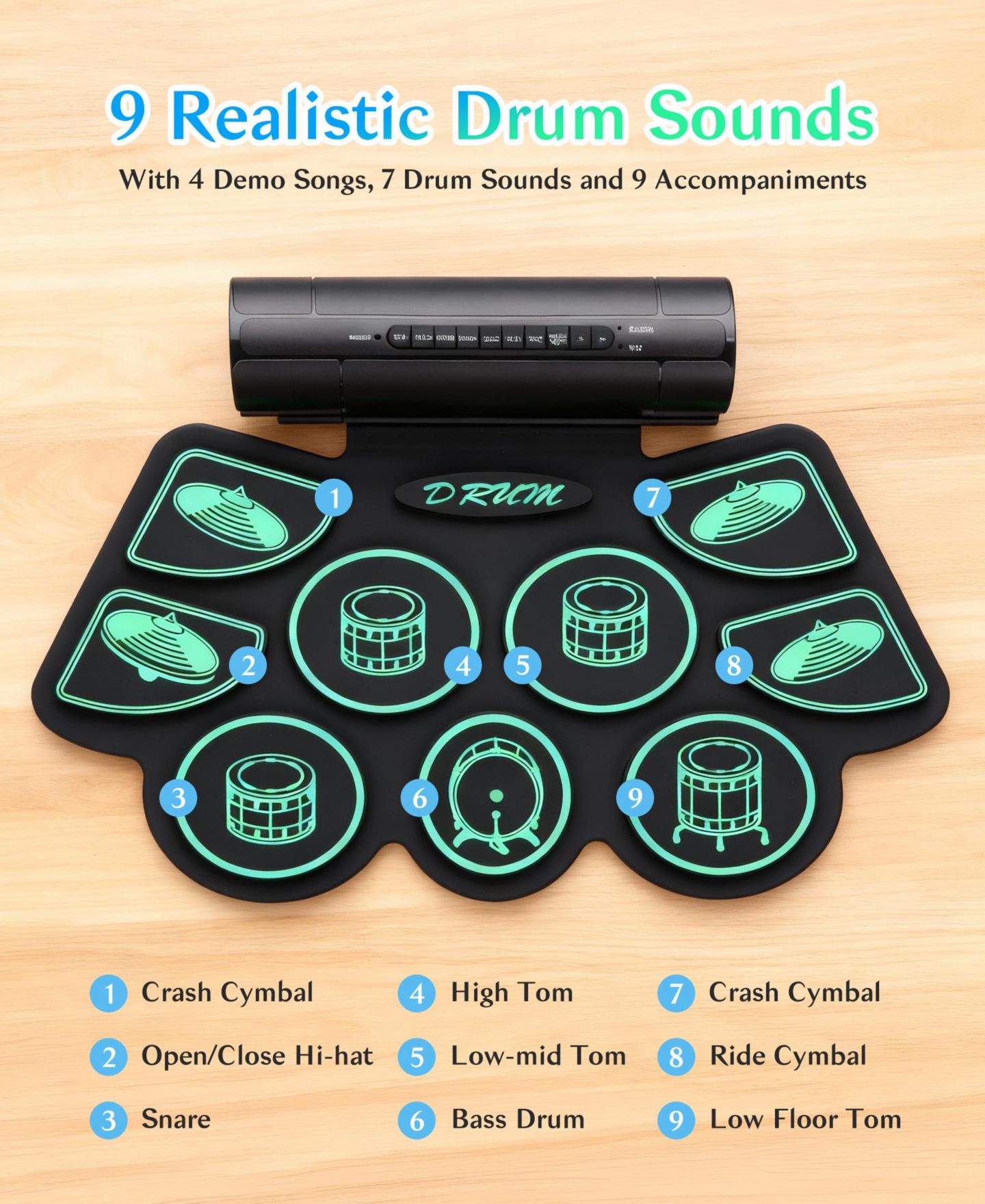 Детские игрушки SUGIFT Kids Roll-Up Electronic Drum Set with Speakers, Headphone Jack & Foot Pedals - Green, цвет: Зелёный — фото 4