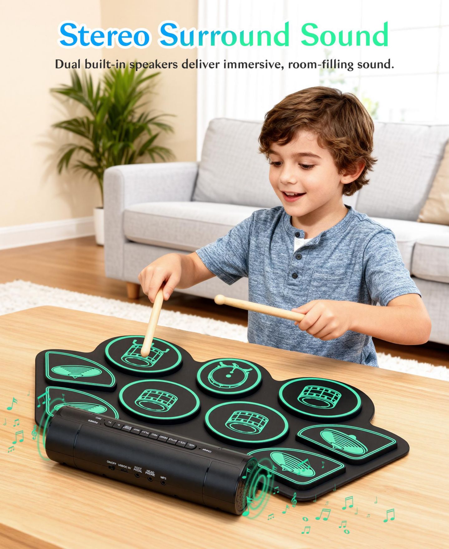 Детские игрушки SUGIFT Kids Roll-Up Electronic Drum Set with Speakers, Headphone Jack & Foot Pedals - Green, цвет: Зелёный — фото 6