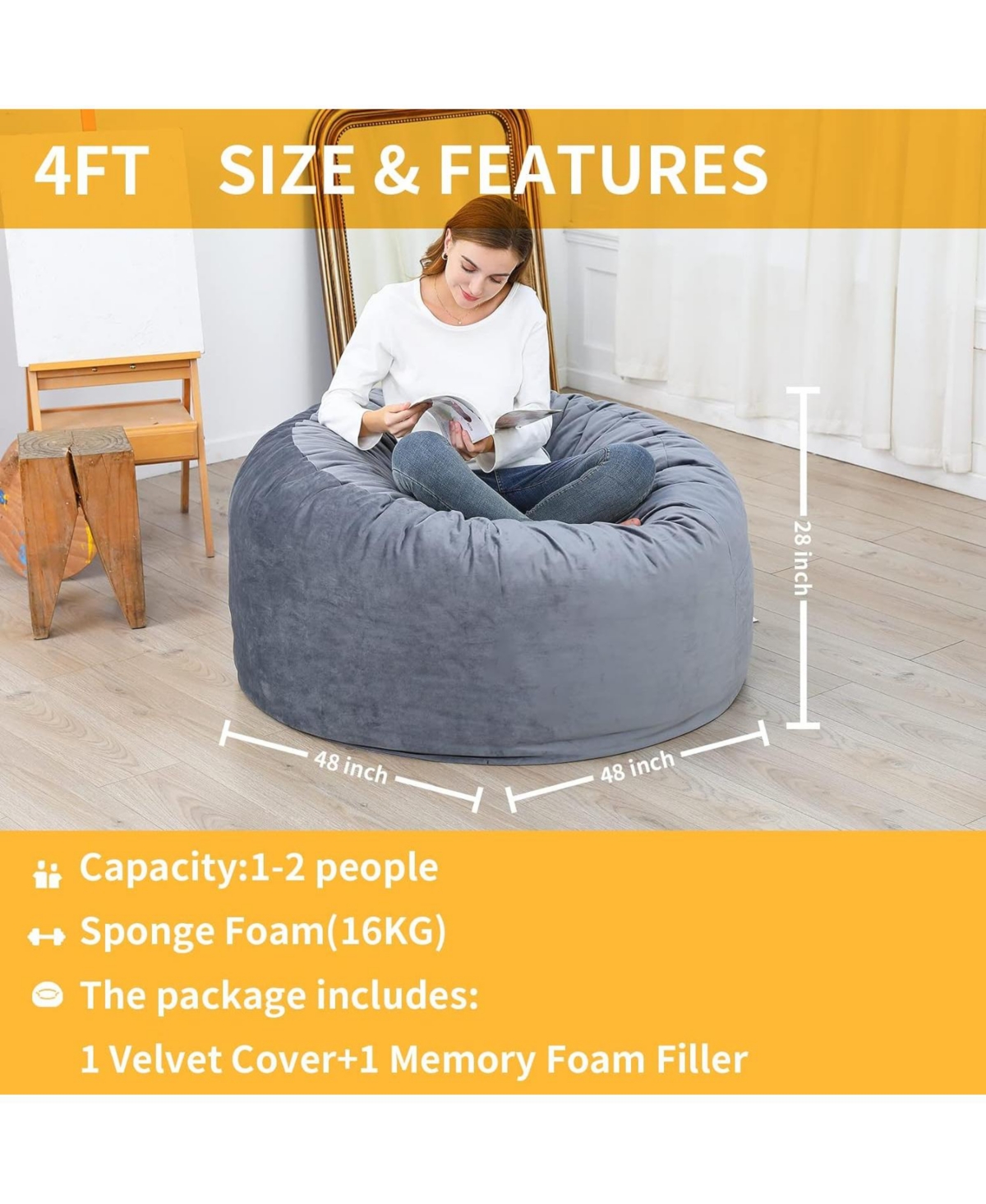 Caromio 4Ft Giant Bean Bag Chair for Adults and Teens, Memory Foam Filled, Removable Velvet Cover