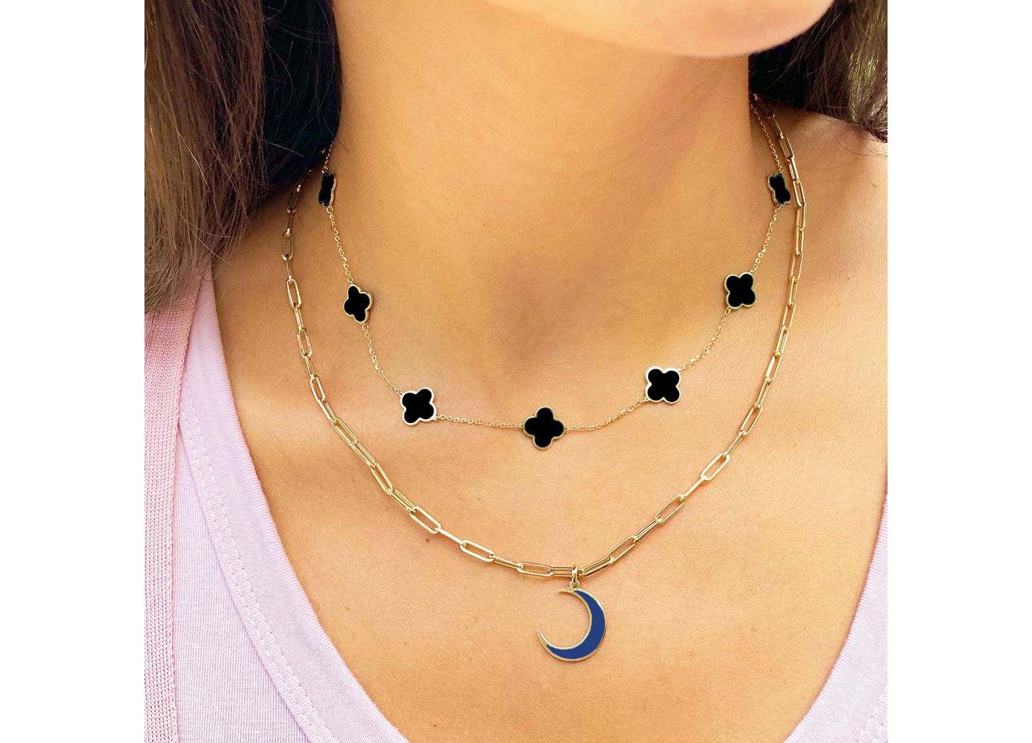 Small Onyx Clover Necklace 14K Yellow Gold
