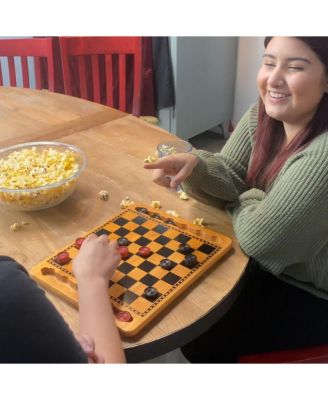 14 in. Red and Black Solid Wood Checkers Set, Grooves in Board