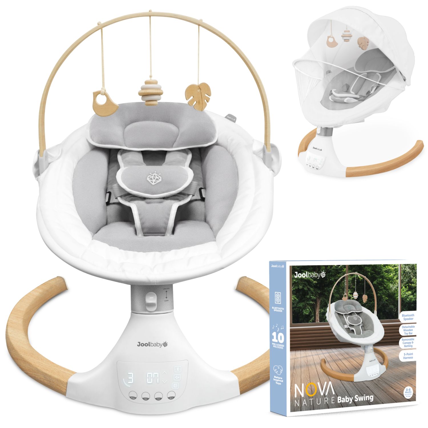 Nova Nature Baby Swing for Newborns – Natural Wood Toys, Electric Motorized Infant Swing, Bluetooth Music