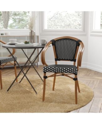 Sacha Set Of Two Stacking Thonet Bistro Style Chair With Arms, Pe Rattan Seat, And Bamboo Metal Frame For Indoor/Outdoor Use