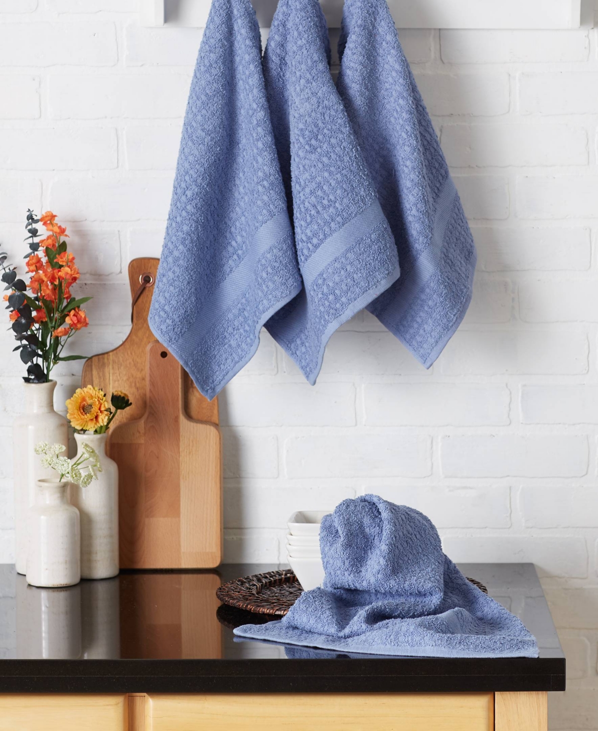 Design Imports Basic Terry Collection Waffle Dishtowel Set, 15x26", Solid Stonewash Blue, 4 Piece In Stonewash