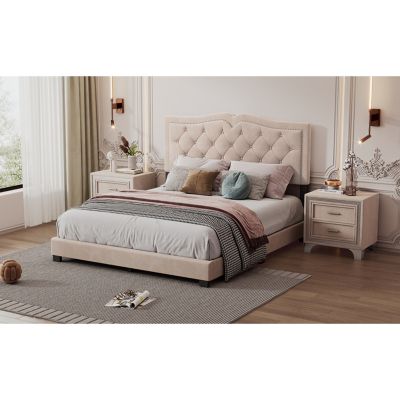 Streamdale Modern Velvet Queen Bed with Rivet Headboard