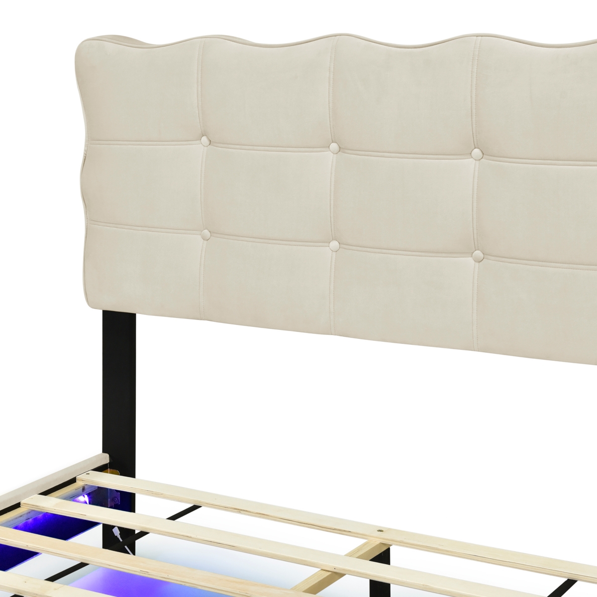 Streamdale Furniture Size Velvet Platform Bed With Led Frame And Stylish Mental Bed Legs, Gray