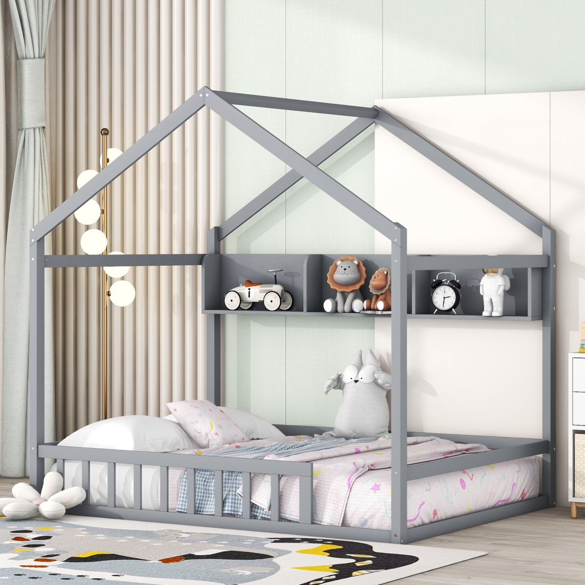 Streamdale Furniture Wooden Size House Bed With Storage Shelf, Kids Bed With Fence And Roof, White