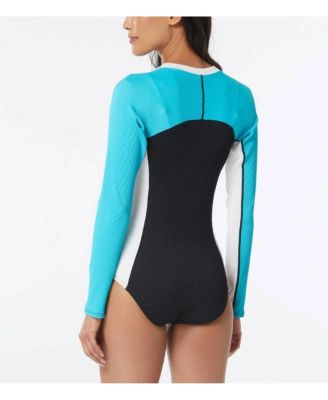 Sculpt Long Sleeve Zip Front Colorblock One Piece Swimsuit
