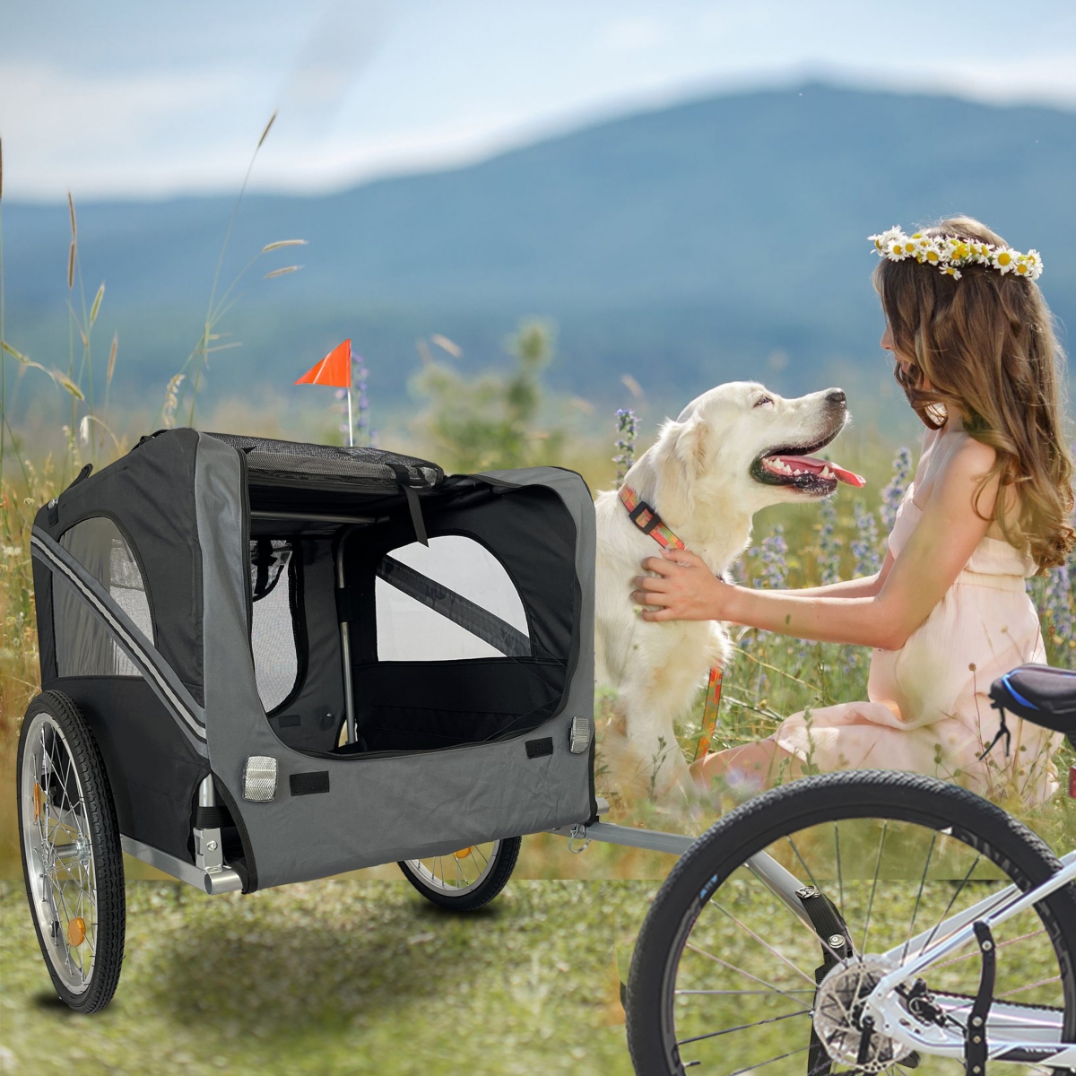 Streamdale Furniture Outdoor Heavy Duty Foldable Utility Pet Stroller Dog Carriers Bicycle Trailer - Black+ gray