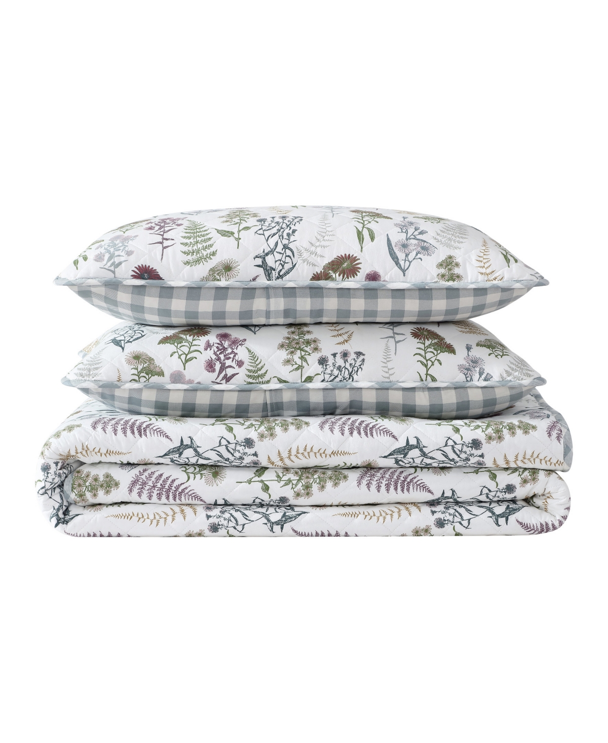 Eddie Bauer Flower Field Reversible 3 Piece Quilt Set, Full/queen In White,grey,green