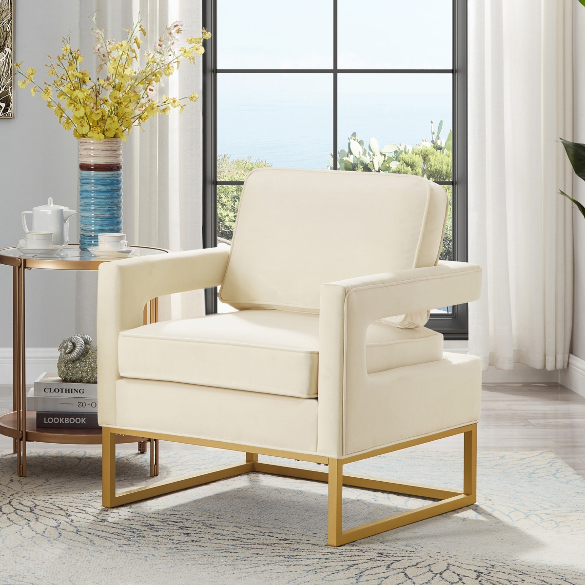 Simplie Fun Gold Metal Base Velvet Upholstered Accent Chair