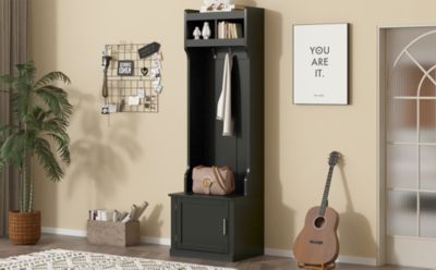 Slim White Hall Tree with Cabinet & Hooks