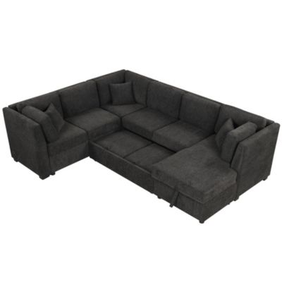 Modern U-Shape Sofa Bed with Power & USB, Storage