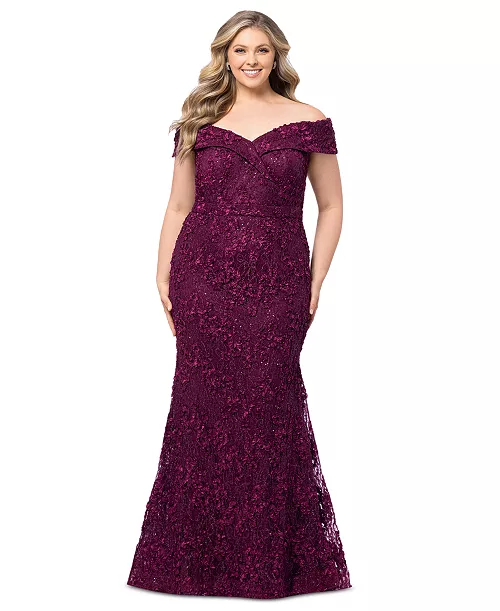 plus size embellished lace off-the-shoulder gown