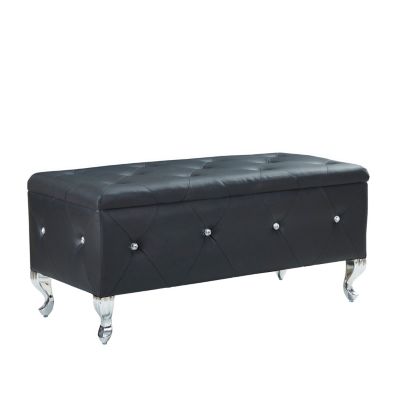 Faux Leather Storage Ottoman Bench with Crystal Buttons
