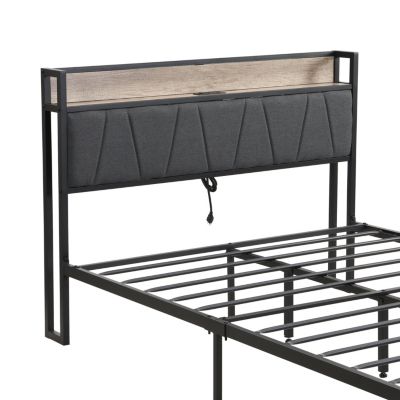 Metal Platform Bed with Storage, USB Headboard