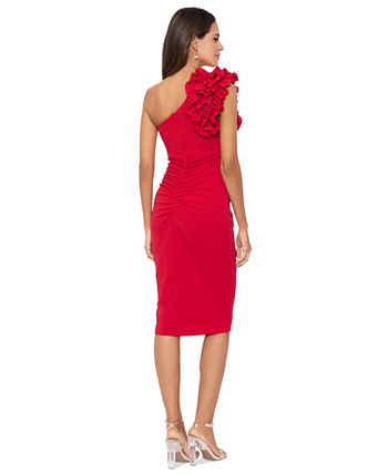 Xscape Ruffle One-shoulder Scuba Crepe Gown In Marine