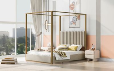 Streamdale Furniture Queen Size Upholstery Canopy Platform Bed With Headboard And Metal Frame, Beige