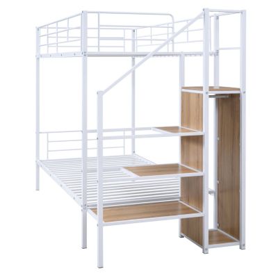 Streamdale Twin Over Twin Metal Bunk Bed With Lateral Storage Ladder And Wardrobe