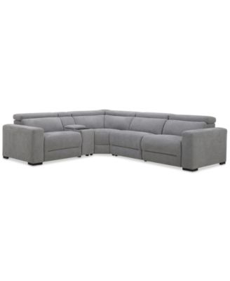 Nevio 5-Pc. Fabric Power Headrest L-Shape Sectional and Console with 2 Power Motion Chairs